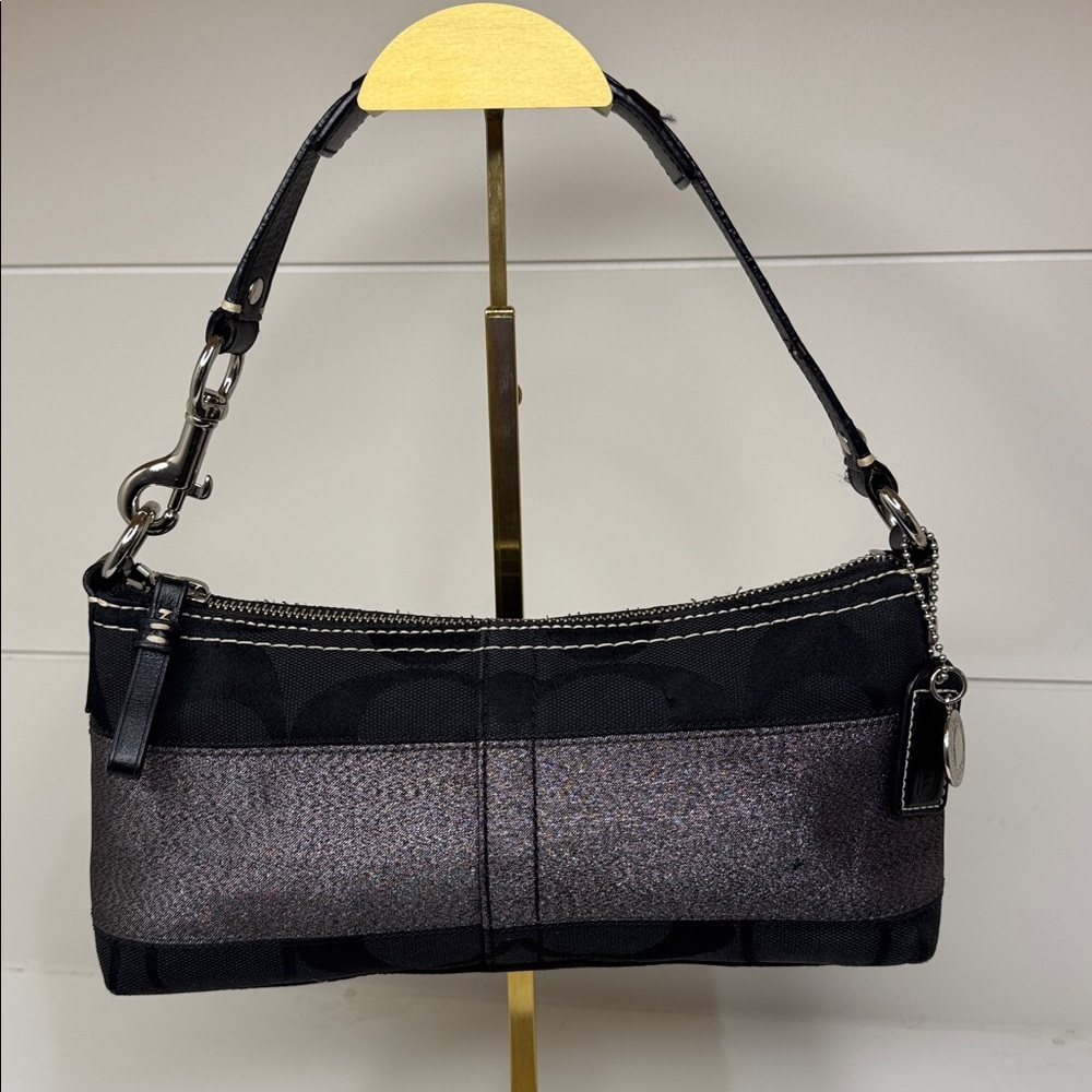 Coach Sufflette Signature Stripe Canvas Mini Hobo Demi Bag 11096 Black Gunmetal